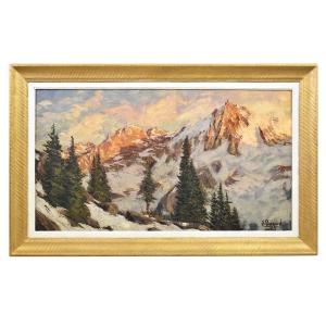 DIPINTI ANTICHI, QUADRI PAESAGGI DI MONTAGNA, CHAMONIX, OLIO SU TELA, EPOCA NOVECENTO. (QP475)