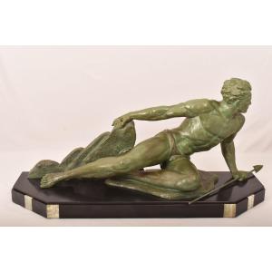 ART DÉCO, ANTICHE SCULTURE IN ANTIMONIO, UOMO CON LANCIA, RONCOURT, SCULTORE FRANCESE. (STAN94)