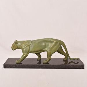 ART DÉCO, ANTICHE SCULTURE IN ANTIMONIO, PANTERA, MARCEL LEDUCQ, SCULTORE FRANCESE. (STAN95)