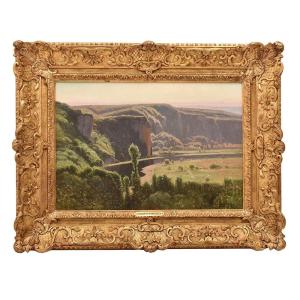 DIPINTI ANTICHI PAESAGGI E FIUME, VALLE DI CORREZE, DIDIER POUGET,  TELA, INIZIO XX. (QP657)