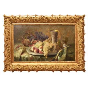 DIPINTI ANTICHI, NATURA MORTA CON FRUTTA, UVA E PESCHE, OLIO SU TELA, XIX SECOLO. (QNM659)
