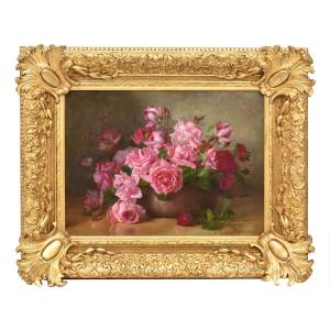 DIPINTI ANTICHI CON FIORI DI ROSE ROSSE, NATURE MORTE, OLIO SU TELA, PRIMI DEL XX. (QF661)
