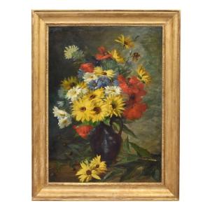 DIPINTI DI FIORI CON MARGHERITE, ROZIER JULES, OLIO SU TELA, QUADRI ANTICHI, DELL'800. (QF670)