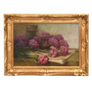 QUADRI ANTICHI, ART DECO, NATURA MORTA, FIORI DI GAROFANI E LIBRO, OLIO SU CARTONE, XX. (QF671)