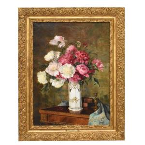 DIPINTI ANTICHI DI FIORI, NATURE MORTE CON PEONIE E LIBRI, OLIO SU TELA, EPOCA 1800. (QF672)