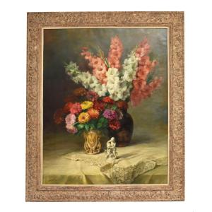 DIPINTI ANTICHI FIORI DI IRIS E GERBERE, GRANDE OLIO SU TELA, ART DECO, JULIEN STAPPERS.(QF674)
