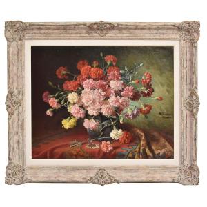 QUADRI ANTICHI, NATURA MORTA CON FIORI DI GAROFANI, OLIO SU TELA, FINE DEL XIX SECOLO. (QF676)