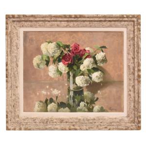 DIPINTI ANTICHI CON FIORI DI ROSE ROSA E PALLON DI MAGGIO, NATURE MORTE, OLIO SU TELA, XX. (QF6