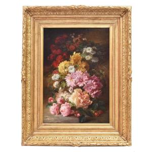 QUADRI ANTICHI, NATURA MORTA CON FIORI, ROSE E MARGHERITE, OLIO SU TELA, DELL 800. (QF680)