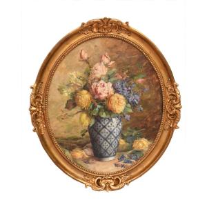 DIPINTI ANTICHI OVALI CON FIORI DI ROSE, NATURE MORTE, OLIO SU TELA, PRIMI DEL ZZ. (QF681)