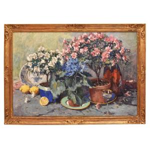 DIPINTI ANTICHI CON FIORI DI ROSE E AZALEE, NATURE MORTE, OLIO SU TELA,  ART DECO. (QF682)   