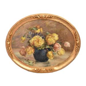 DIPINTI ANTICHI OVALI CON FIORI DI ROSE GIALLE, NATURE MORTE, OLIO SU TELA, PRIMI XX. (QF683)