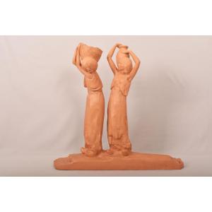 SCULTURE ART DECO IN TERRACOTTA, DONNE E ANFORA, AMEDEO GENNARELLI, SCULTORE ITALIANO. (STTE98)