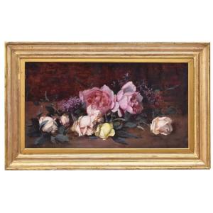QUADRI ANTICHI, NATURA MORTA CON FIORI DI ROSE RECISE, OLIO SU TELA, DELL' 800. (QF687)