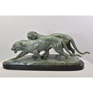 ANTICHE SCULTURE IN BRONZO, DUE PANTERE, IRENEE ROCHARD, ART DECO, XX SECOLO. (STB102)