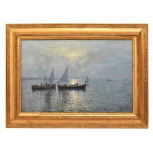 DIPINTI ANTICHI ITALIANI, FAUSTO PRATELLA, MARINA AL TRAMONTO, OLIO SU TELA, PITTORI DEL 900. (