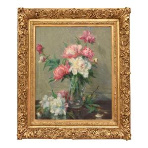 DIPINTI ANTICHI DI FIORI, NATURE MORTE CON VASO DI PEONIE, OLIO SU TELA, INIZIO XX  (QF689)