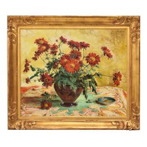 QUADRI ANTICHI, ART DECO, NATURA MORTA, FIORI DI MARGHERITE ROSSE, OLIO SU TELA, XX (QF690)