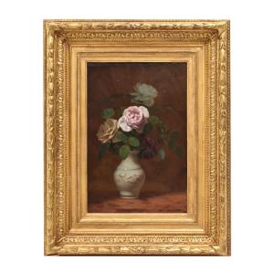 QUADRI ANTICHI, NATURA MORTA CON FIORI DI ROSE ROSA E BIANCHE, OLIO SU TAVOLA, DELL'800. (QF704