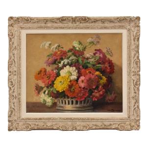 QUADRI ANTICHI, ART DECO, NATURA MORTA CON FIORI DI ZINNIE, OLIO SU TELA, XX SECOLO. (QF700)   