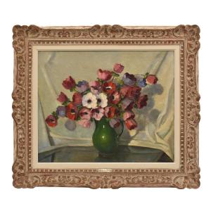 QUADRI ANTICHI, ART DECO, NATURA MORTA CON FIORI, ANEMONI E PAPAVERI, OLIO SU TELA, XX. (QF702)