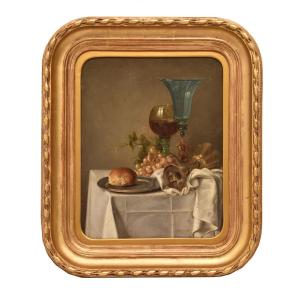 QUADRI ANTICHI, NATURA MORTA CON UVA E CALICI DI VETRO, OLIO SU TAVOLA, DELL'800. (QNM705)