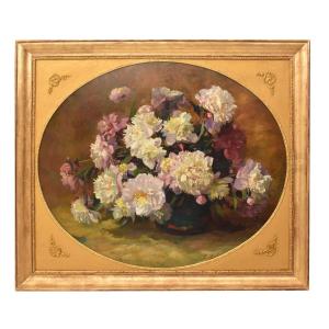GRANDE OVALE, DIPINTI ANTICHI DI FIORI DI PEONIE, OLIO SU TELA, INIZIO XX (QF707)