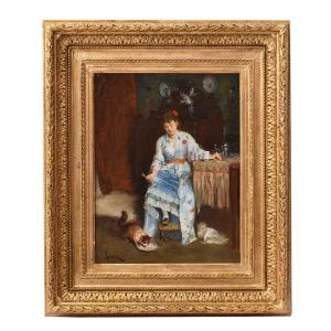 QUADRI ANTICHI, RITRATTI DI DONNA CON GATTO, OLIO SU TELA, SCENA D'INTERNO, XIX. (QR715)