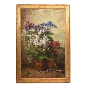 NATURA MORTA DI FIORI CON FIORDALISI E MARGHERITE, QUADRI ANTICHI, OLIO SU TELA, XIX (QF736)