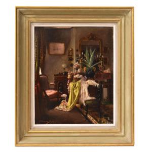 DIPINTI ANTICHI, INTERNO OTTOCENTESCO, OLIO SU TELA, FINE XIX SECOLO (QP738)