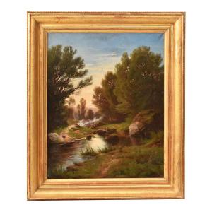 DIPINTI ANTICHI, QUADRI PAESAGGI CON LAVANDAIE E FIUME, OLIO SU TELA, DELL 800. (QP739)