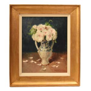 NATURA MORTA DI FIORI CON ROSE BIANCHE, QUADRI ANTICHI, OLIO SU TELA, XIX (QF746)