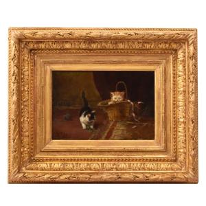 PICCOLO RITRATTO DI DUE GATTI CHE GIOCANO, OLIO SU TAVOLA, EPOCA FINE OTTOCENTO. (QA751)