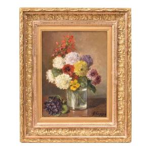 NATURA MORTA DI FIORI CON DALIE E VIOLETTE, QUADRI ANTICHI, OLIO SU TELA. (QF752)