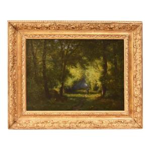 PICCOLO DIPINTO ANTICO, QUADRI PAESAGGI CON SENTIERO, SOTTO BOSCO, OLIO SU TAVOLA, 800 (QP755)