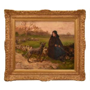DIPINTI ANTICHI, QUADRI PAESAGGI CON PASTORELLA E CANE, OLIO SU TELA, DELL 800. (QP759)