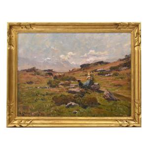 QUADRI ANTICHI, PAESAGGIO CON DONNA PASTORA E CANE, OLIO SU TELA, INIZIO XX SECOLO. (QP762)