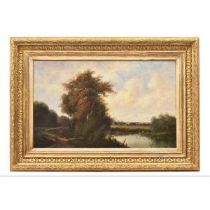 DIPINTI ANTICHI, QUADRI PAESAGGI CON FIUME, SCUOLA DI BARBISON, OLIO SU TELA, DELL 800. (QP763)