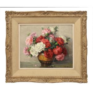 QUADRI ANTICHI, ART DECO, NATURA MORTA CON FIORI DI GAROFANI, OLIO SU TELA, XX SECOLO. (QF765)