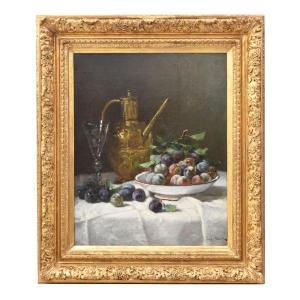 NATURA MORTA CON PRUGNE, QUADRI ANTICHI, OLIO SU TELA, FINE DEL XIX SECOLO. (QNM776)
