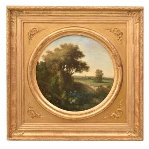 QUADRI ANTICHI, PAESAGGIO ROTONDO FRANCESE, PITTURA NATURALISTICA, OLIO SU TELA, XIX (QP777)