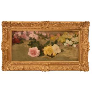 QUADRO ANTICO, JETÈ DE ROSES, ACHILLE CESBRON, NATURA MORTA ROSE, OLIO SU TELA, XIX (QF782)