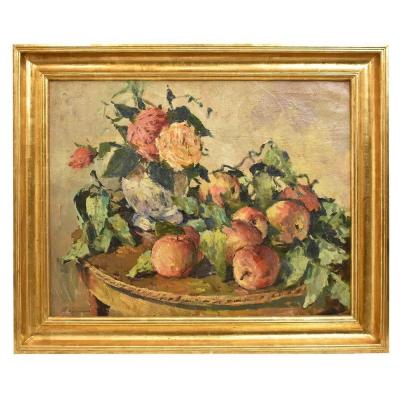 Tableau nature morte, roses et pommes, Art Déco,  XXè siècle. (QNM250) 