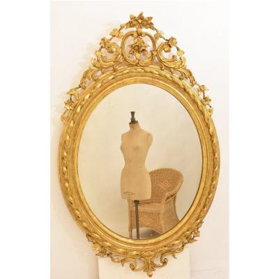 Miroirs Anciens, Grand Miroir ancien, Miroir Ovale Doré Avec De fleurs, XIXè siècle. (SPO100)