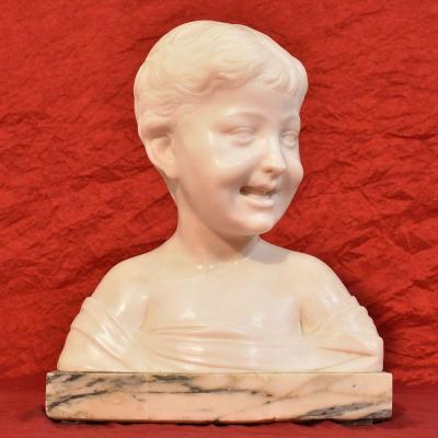 Sculptures anciennes, Marbre blanc de Carrare, Buste D'enfant, Signé Pugi, XIXè. (STMA44)