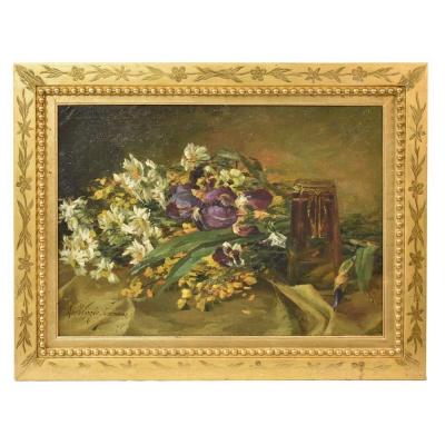 Tableaux Anciens Fleurs, Peinture Fleurs, Bouquet De Iris et Pensée, Début XX siècle. (QF185)