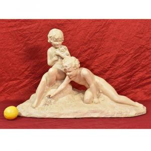 SCULPURES  EN TERRE CUITE, ART DÉCO, ENFANTS JOUANT, SIGNÉ CIPRIANI.  (STTE70)