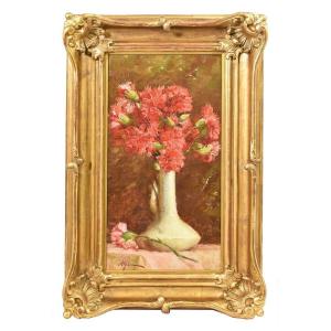 Tableaux Anciens Fleurs, Peinture Fleurs, Oeillets Rouges, XIXè Siècle. (QF406)