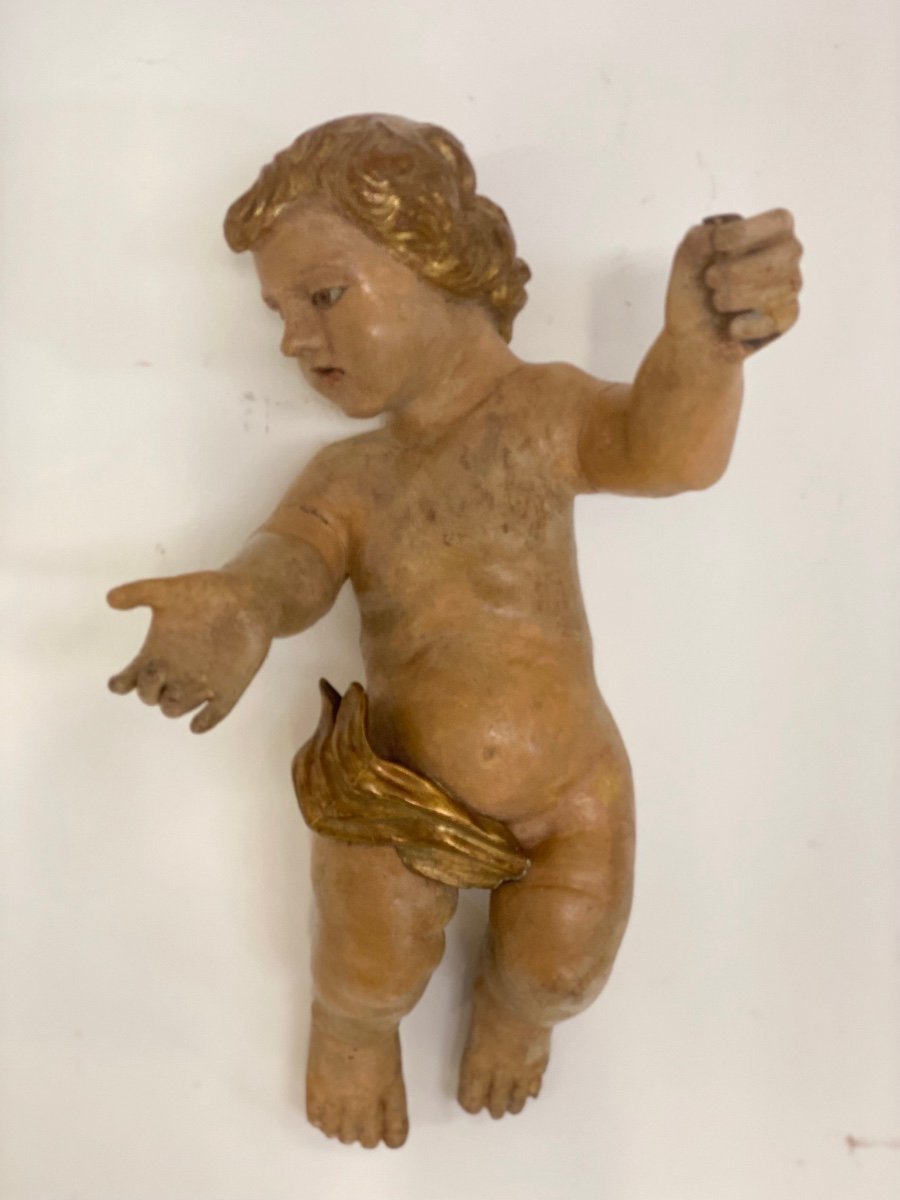 Putto ligneo cherubino scolpito laccato e dorato . XVII secolo Lombardia-photo-2