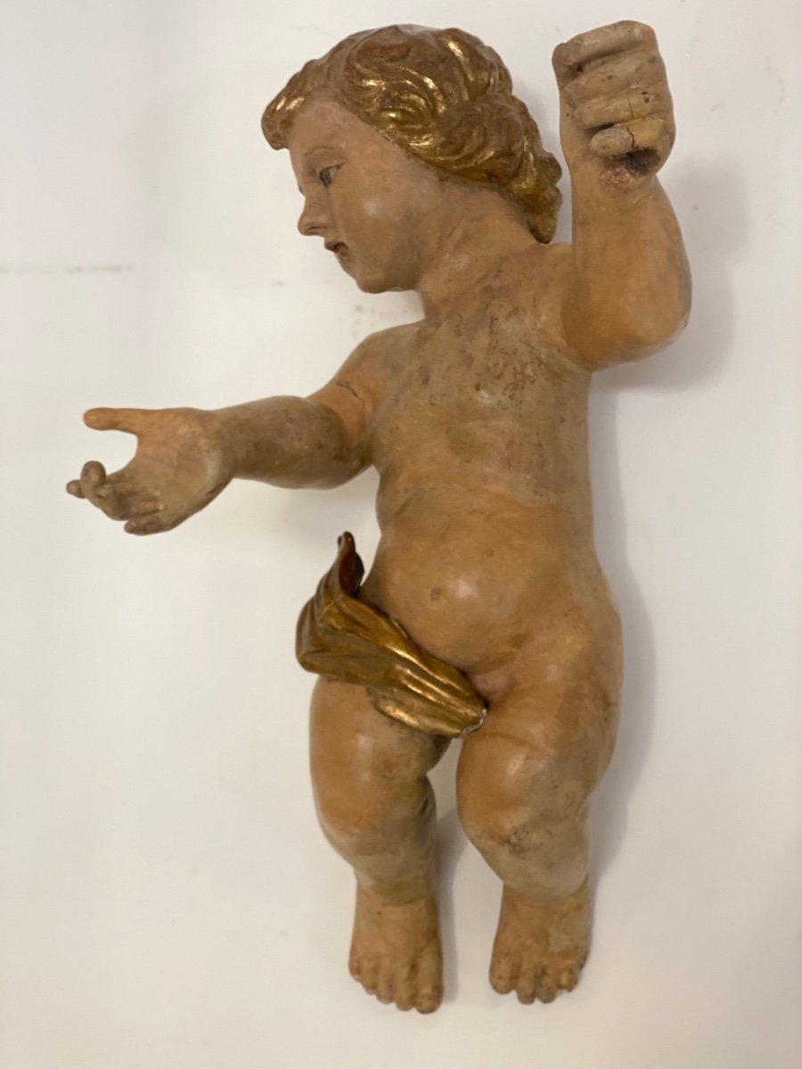 Putto ligneo cherubino scolpito laccato e dorato . XVII secolo Lombardia-photo-4
